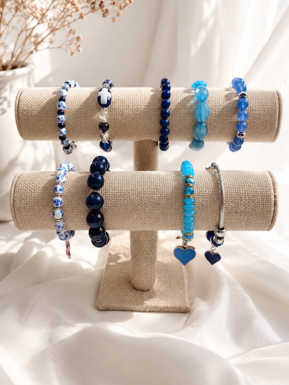 Blue Beaded Bracelet Bundle – 9 Bracelets Mixed Styles | Stretch & Charms